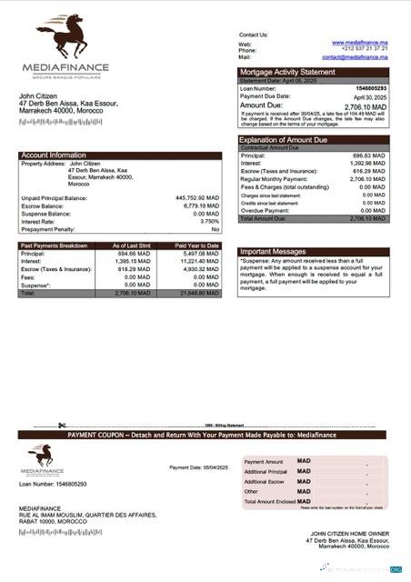 Download Morocco Mediafinance mortgage statement Word and PDF template Photoshop template